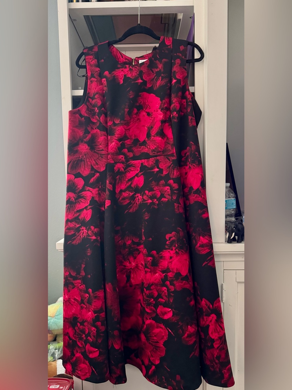 Calvin Klein Black A-Line Dress with Red Floral Print